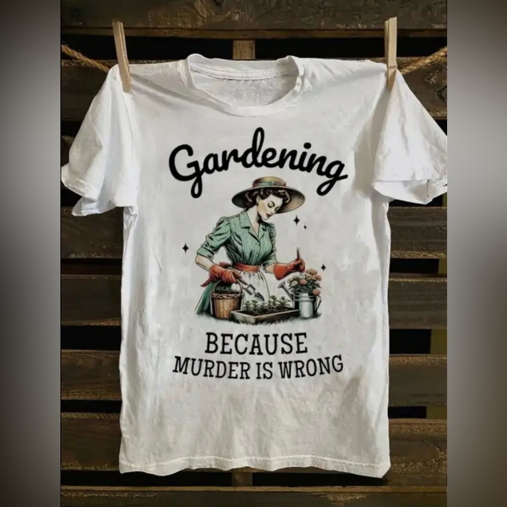 Gardening Retro Print Tee Shirt Black Lettering L White Cotton Unisex